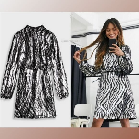 TED BAKER Sequin Mini Dress Animal Striped Print Mock Neck LS Silver Sz 0-2 / XS - Picture 2 of 15